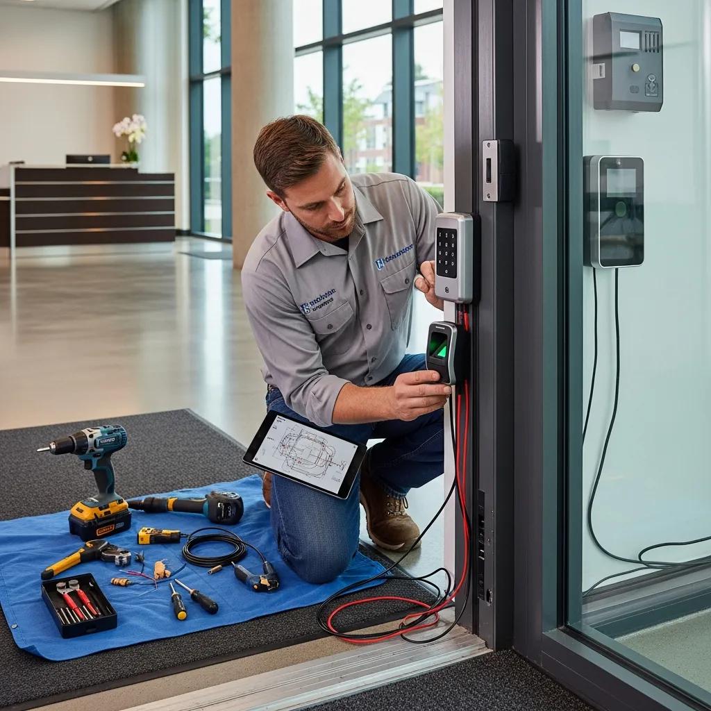 Commercial locksmith installing an access control system to restrict entry and improve site security