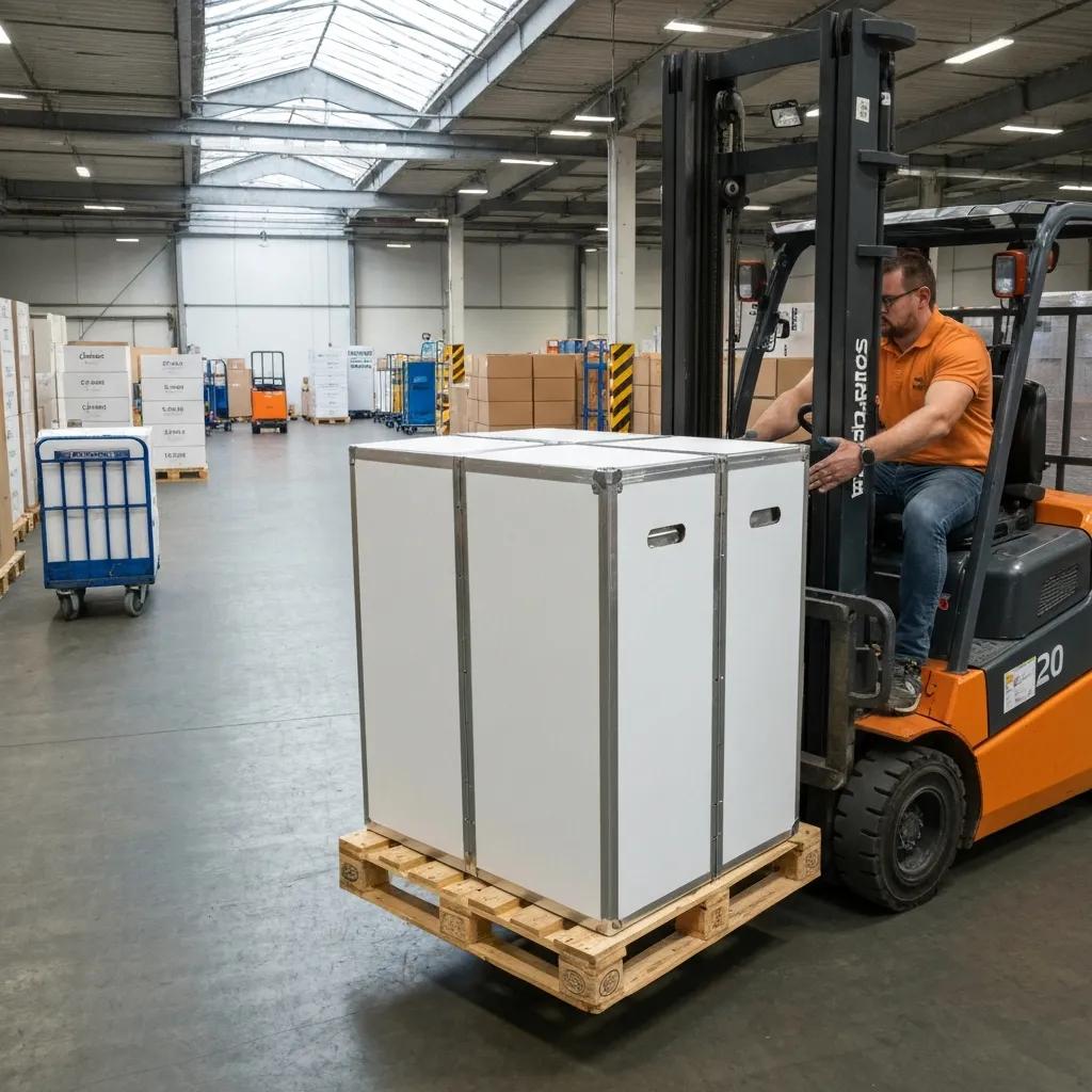 A commercial moving box on a pallet emphasizing its sturdy construction and stackability