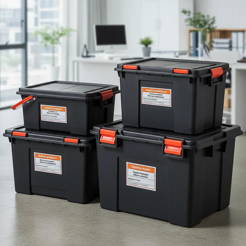 Commercial plastic moving boxes with tamper-evident seals and labels in a professional office setting