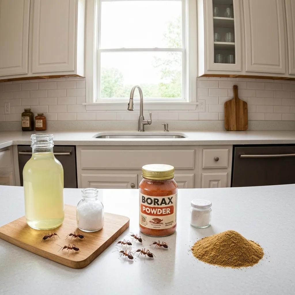 DIY ant-control items on a kitchen counter, such as vinegar and borax, arranged for demonstration