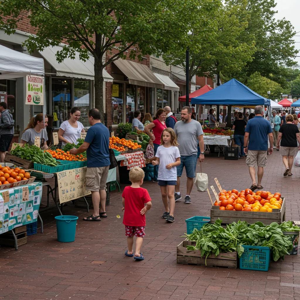 Community farmers market in Moorestown, NJ with families enjoying local produce and activities Community farmers market in Moorestown, NJ with families enjoying local produce and activities