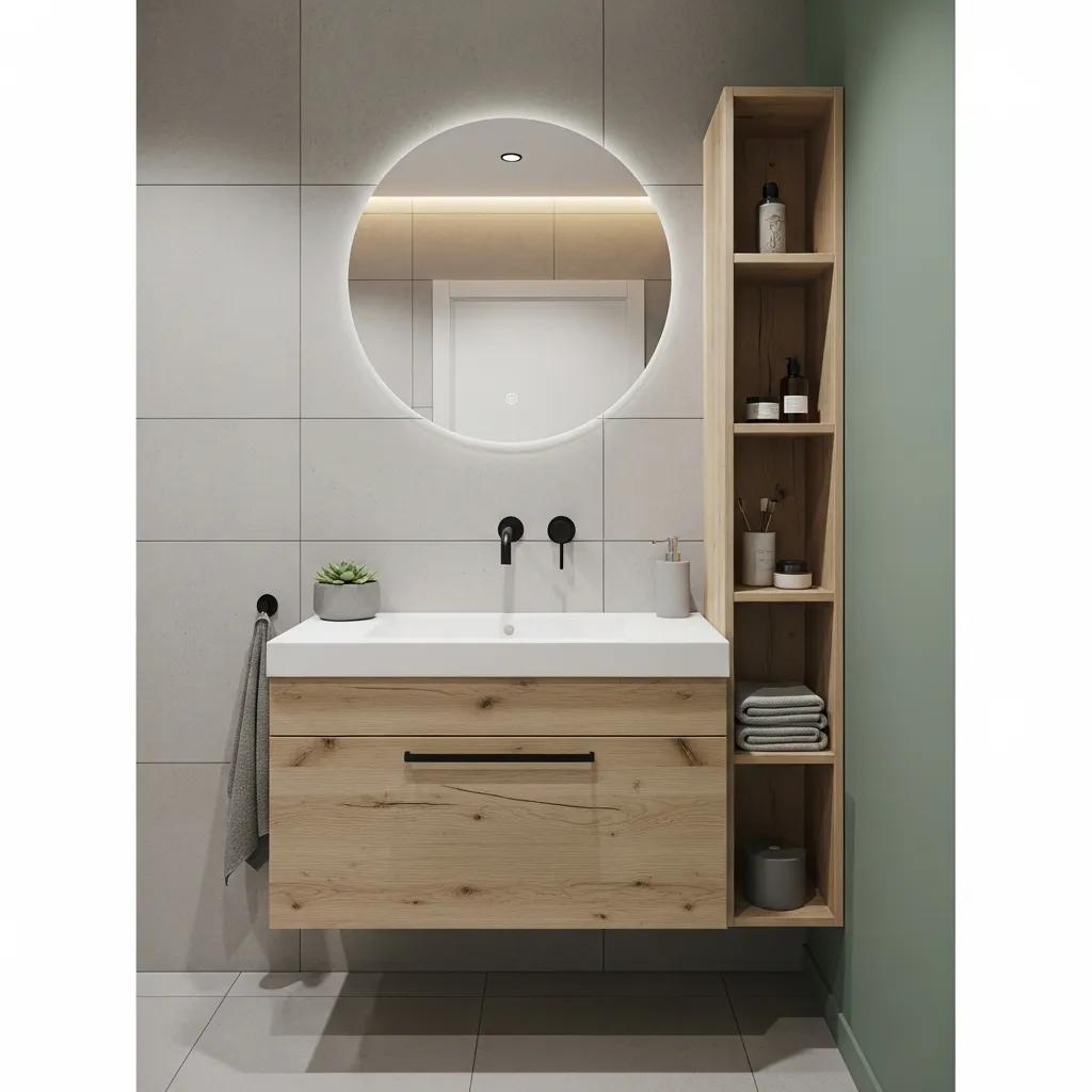 Compact vanity in a small bathroom showcasing efficient storage and design