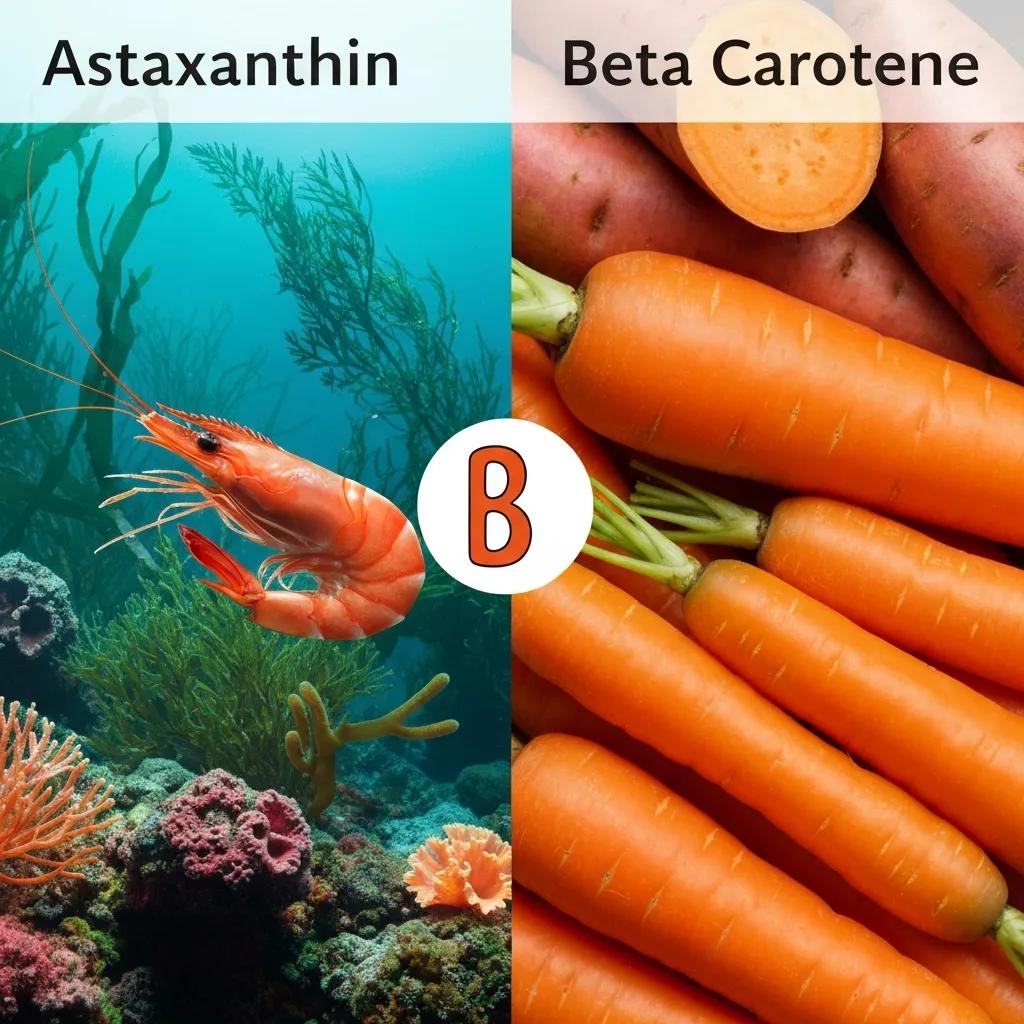 Side-by-side comparison illustrating astaxanthin and beta carotene sources and their different hues