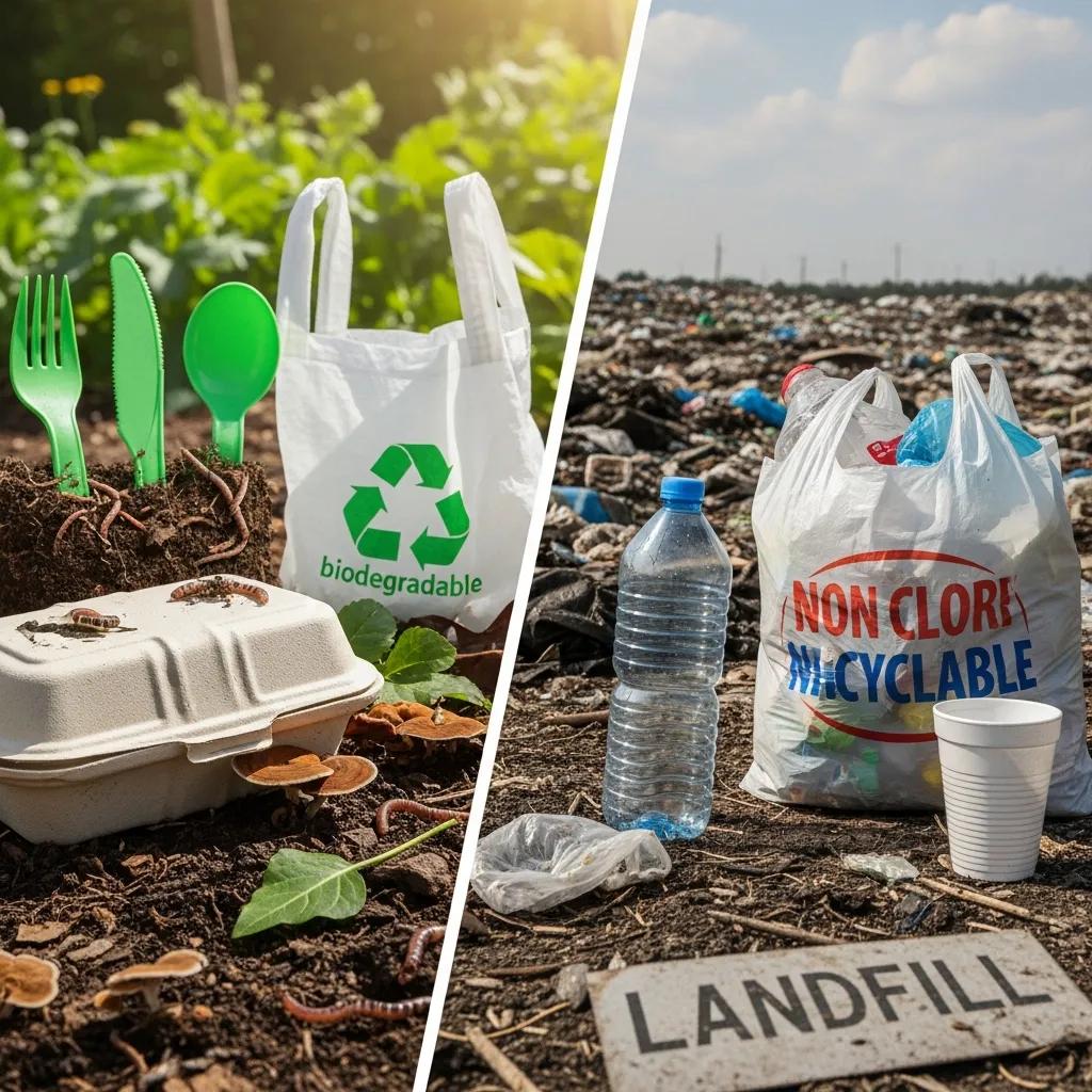 Side-by-side visual: biodegradable items composting versus traditional plastics in a landfill, showing environmental differences