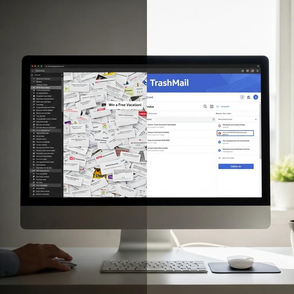 Sideâbyâside: cluttered traditional inbox vs. a clean temporary email view
