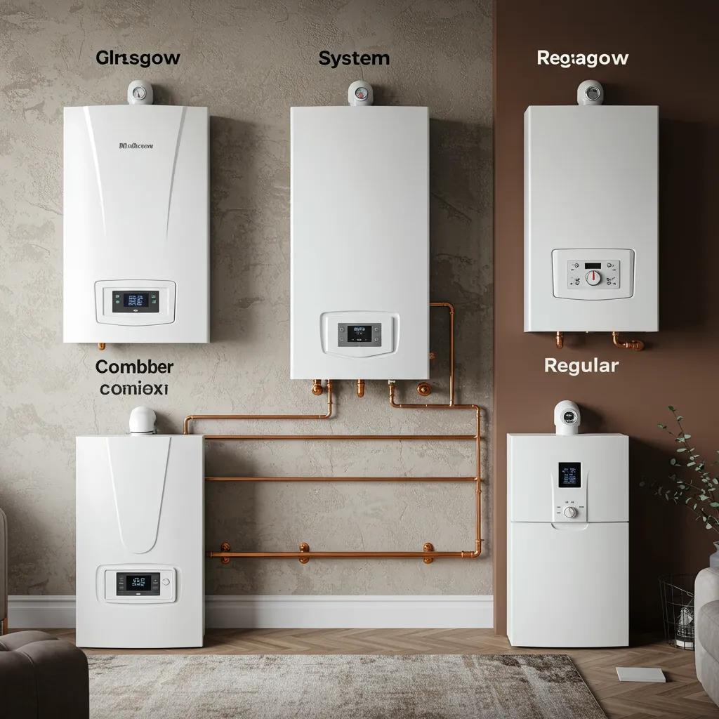 Comparison of combi, system, and regular boilers in a Glasgow home setting, highlighting typical installation costs