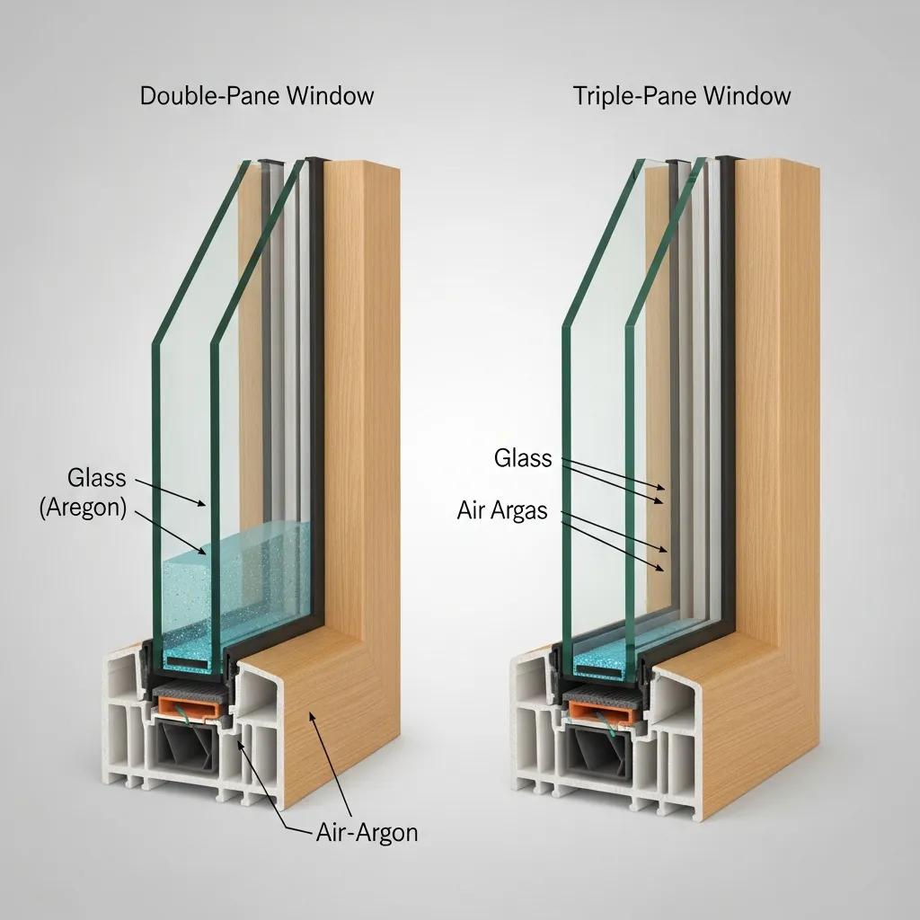 Side‑by‑side view of double‑pane and triple‑pane window assemblies