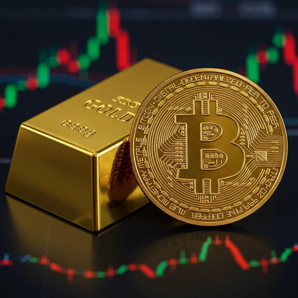 Comparison of gold bar and Bitcoin coin against a financial market backdrop