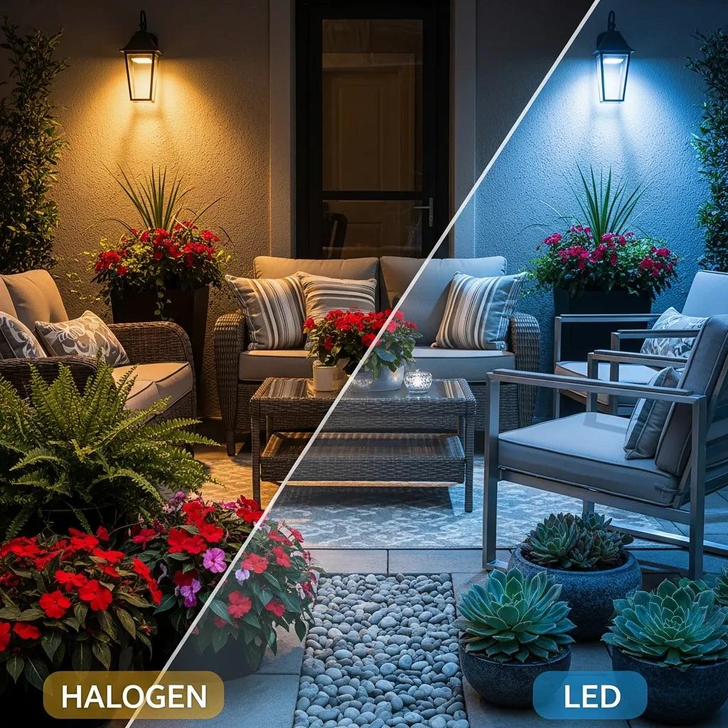 Visual comparison of energy efficiency between LED and halogen outdoor lighting
