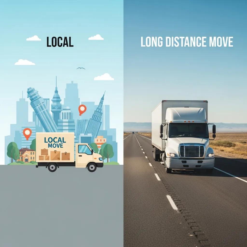 Local and long-distance moving comparison, featuring a cityscape with a local moving truck on the left and a long-distance moving truck on a highway on the right.