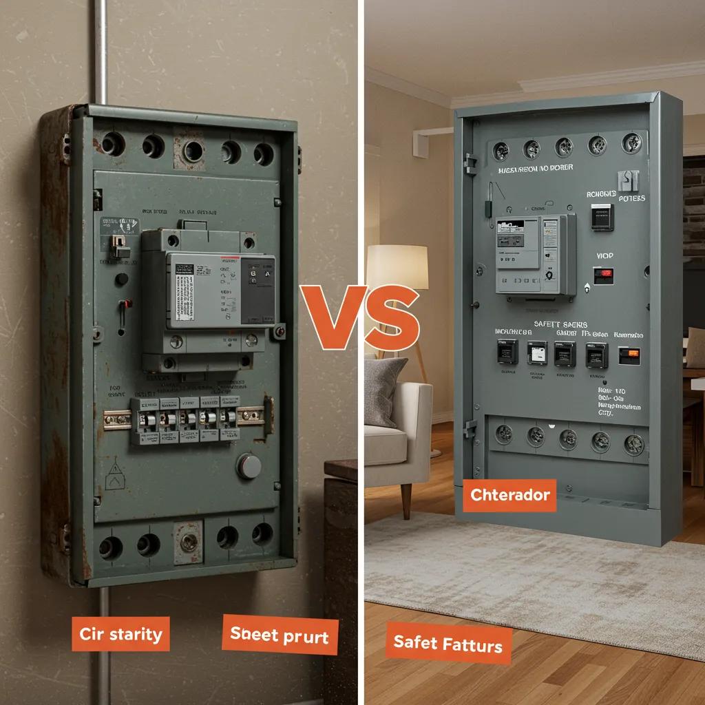 Comparison of old fuse box and modern electrical panel highlighting upgrade benefits