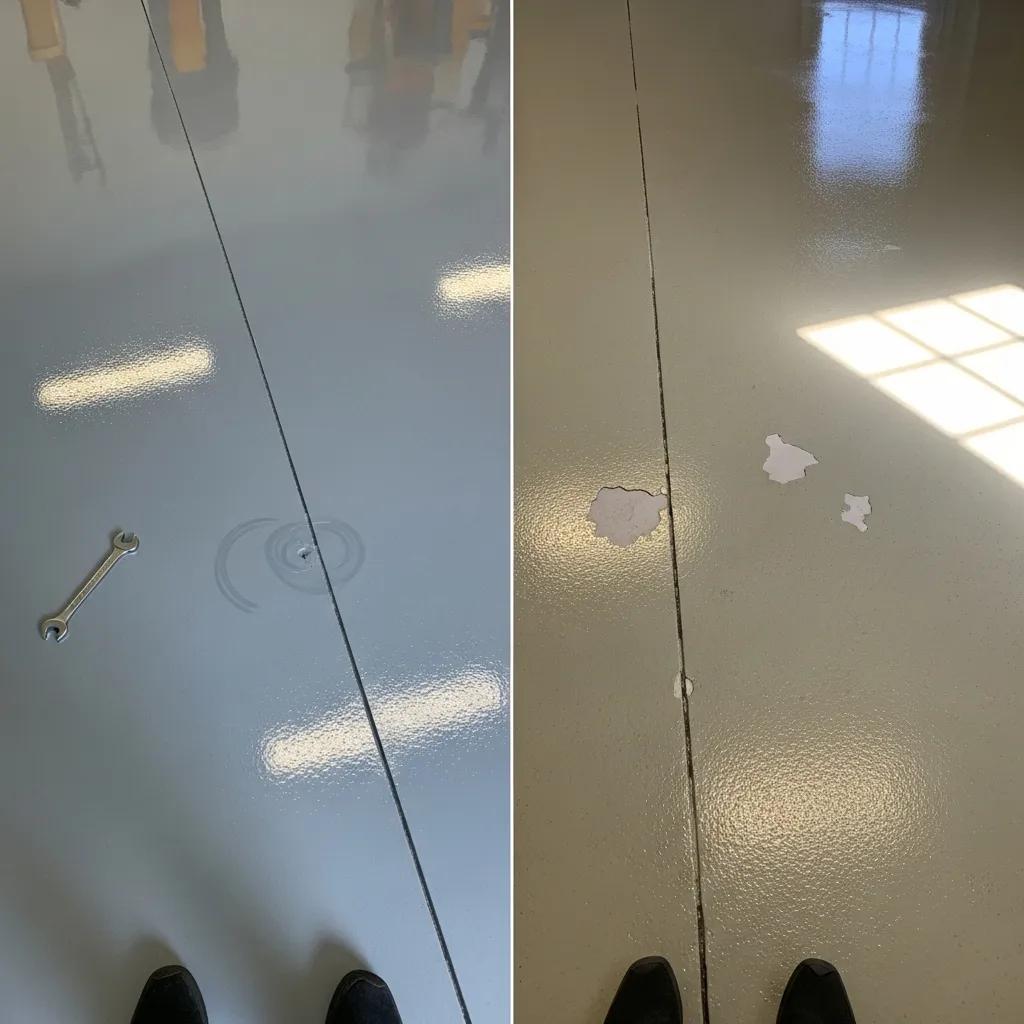 Side‑by‑side comparison of polyaspartic and epoxy garage floor coatings showing durability and finish