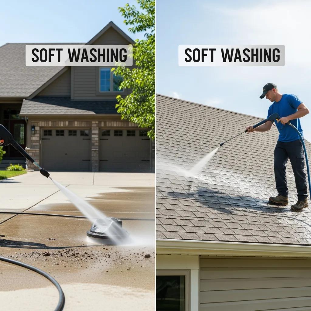 Side-by-side comparison of pressure washing and soft washing on home exterior surfaces