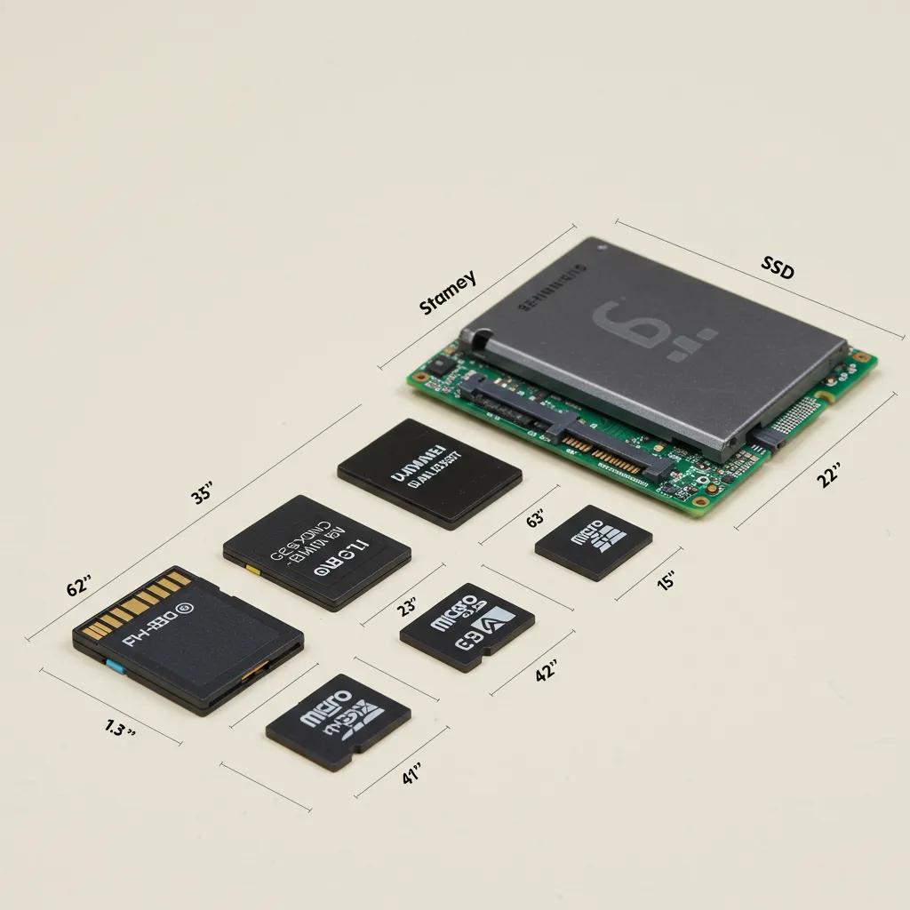 Comparison of SD card, microSD card, and SSD sizes on a neutral background