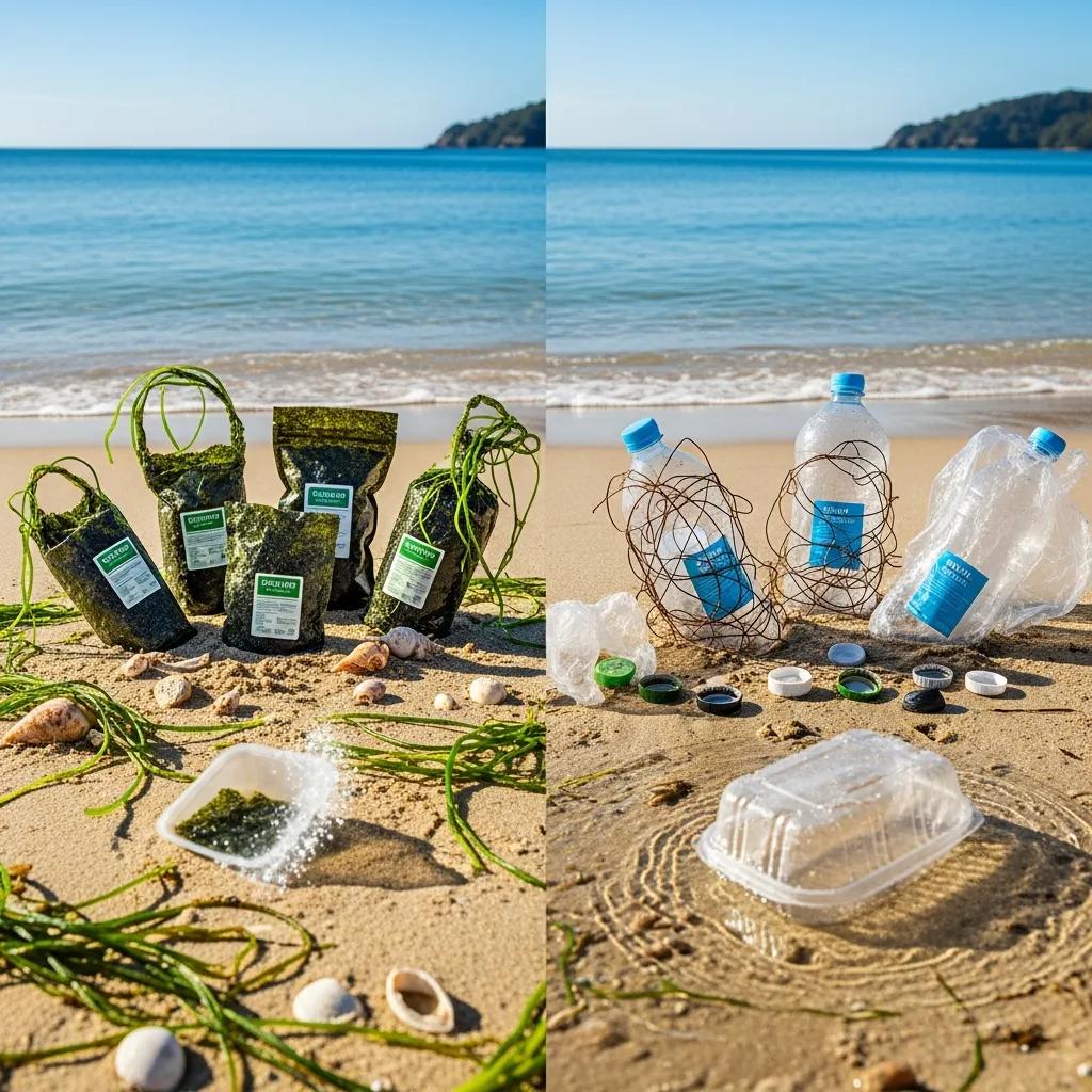 Comparison of seaweed packaging and conventional plastics highlighting environmental benefits