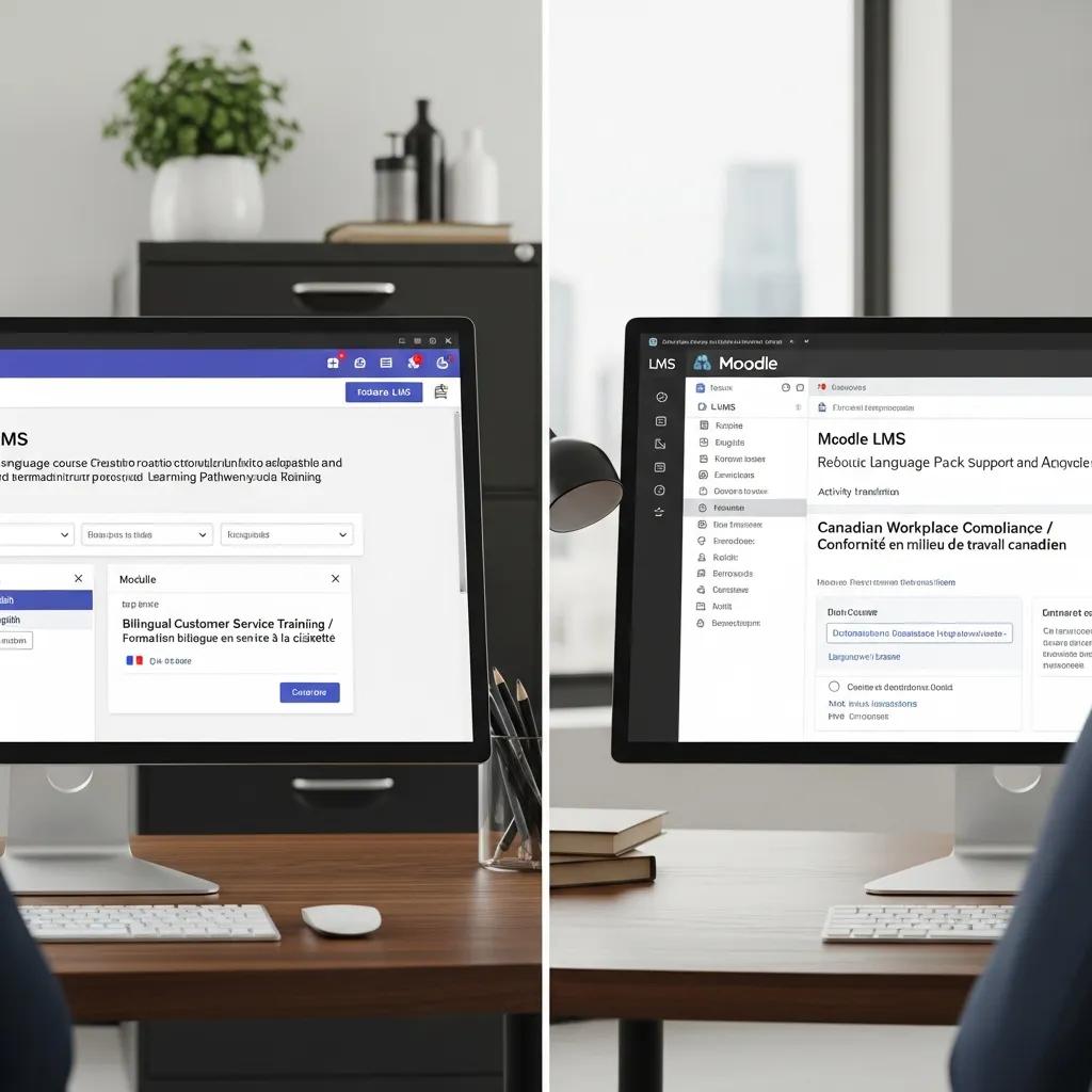 Comparison of Totara and Moodle LMS interfaces showcasing bilingual training modules for Canadian workplace compliance and customer service training in English and French.