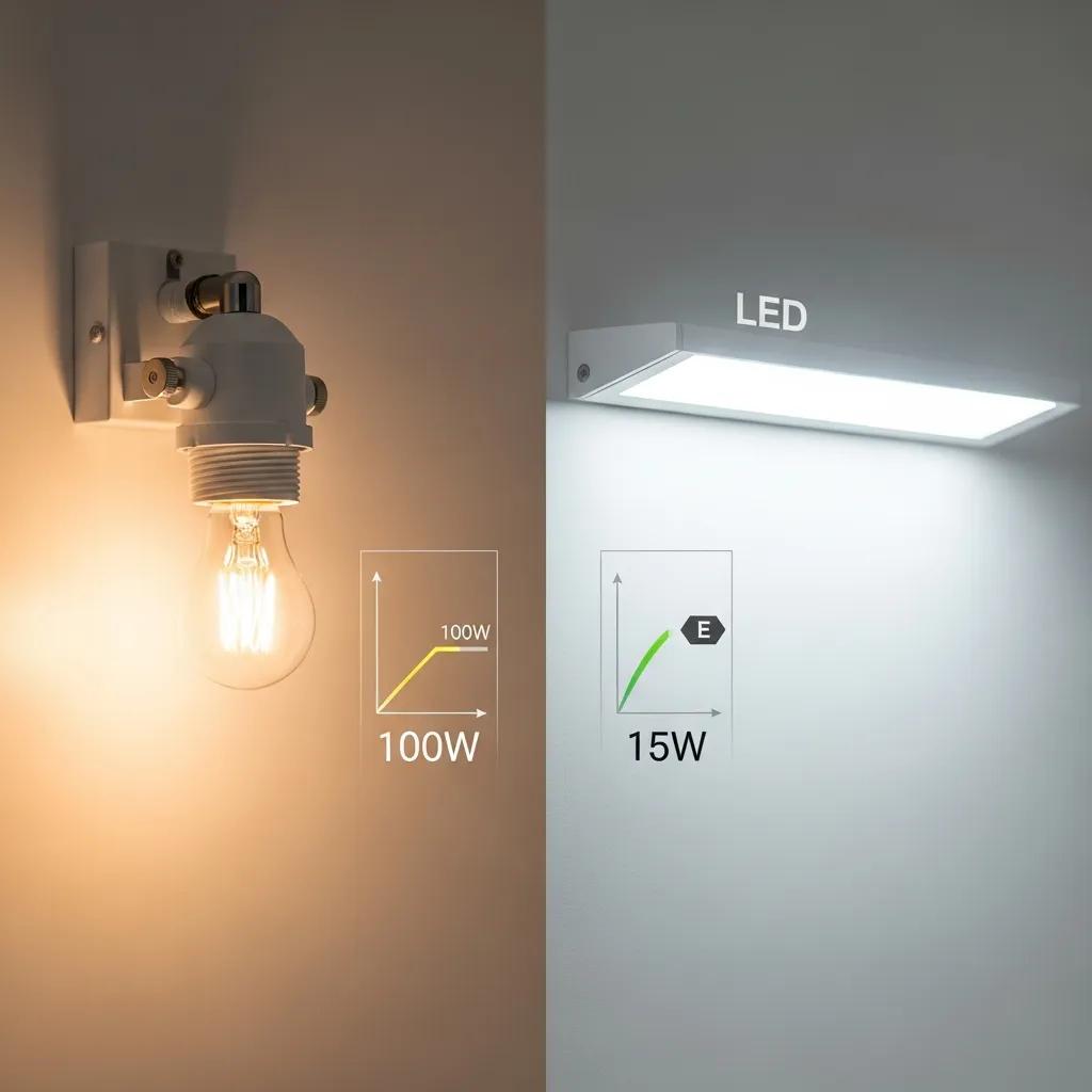 Comparison of traditional halogen bulbs and modern LED fixtures highlighting energy efficiency