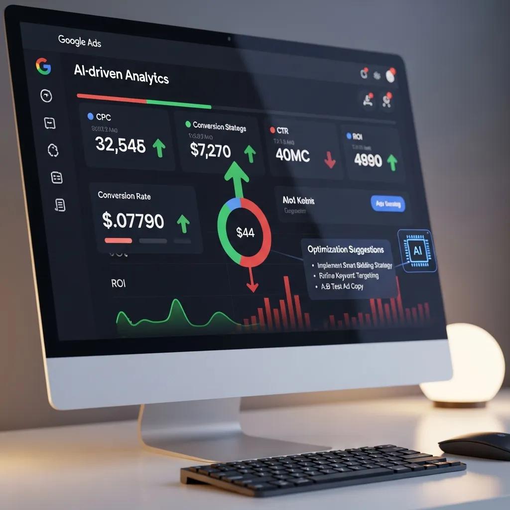 Computer screen displaying AI-driven Google Ads analytics and performance metrics