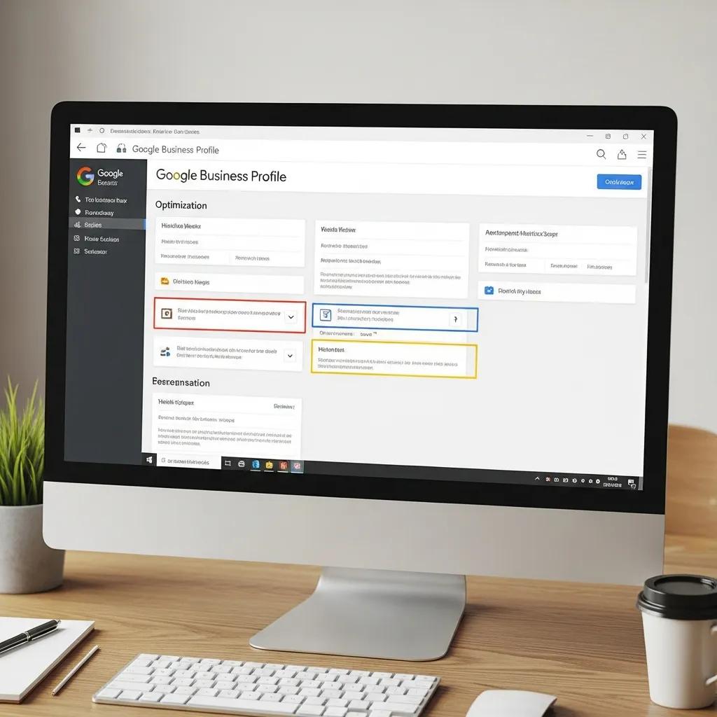 Computer screen displaying an optimized Google Business Profile in a workspace setting