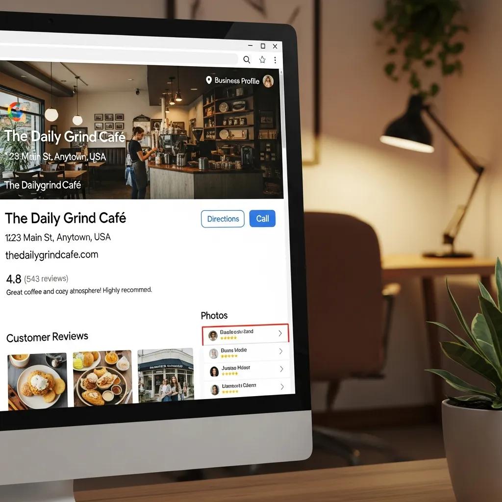 Computer screen displaying an optimized Google Business Profile, showcasing key elements for local visibility