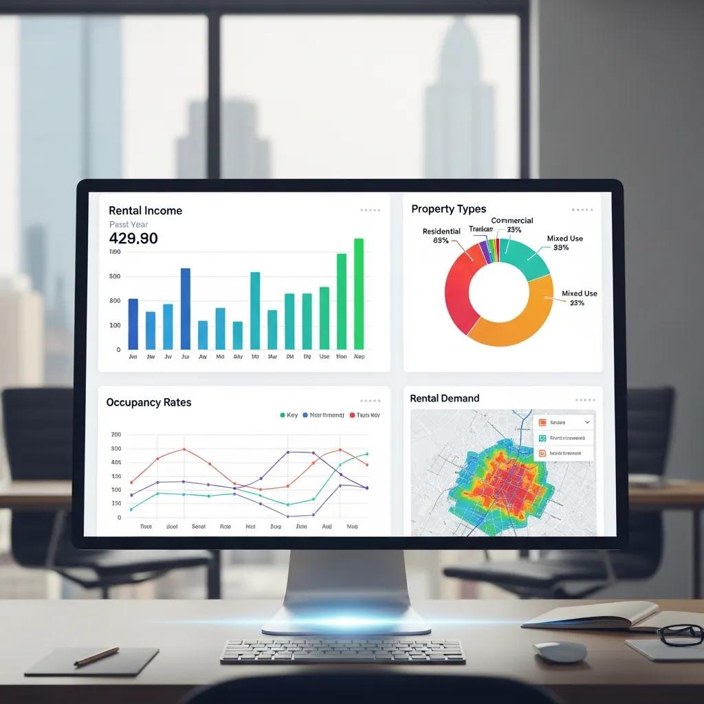 Colorful data visualizations on a computer screen showing property management analytics for quick insight and decision-making