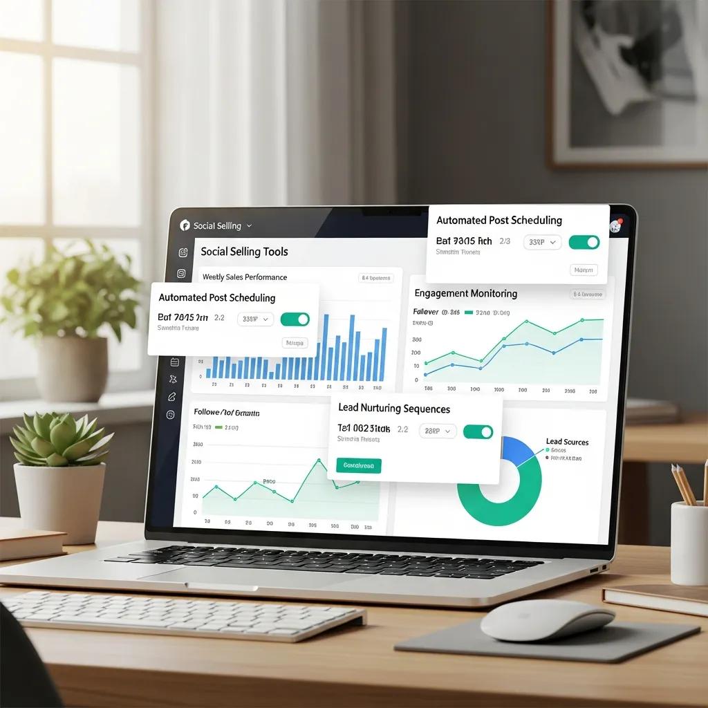 Computer screen displaying social selling tools and analytics, illustrating automation features that enhance efficiency