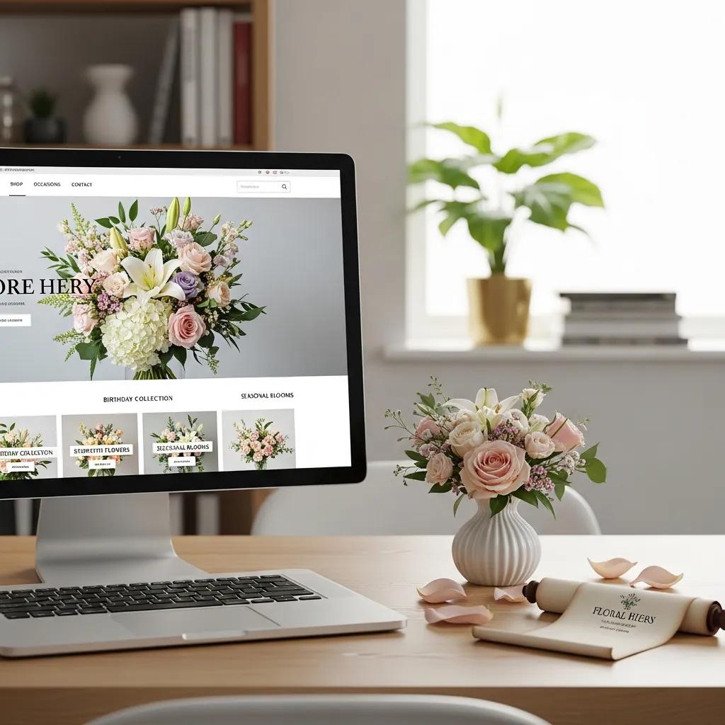 Computer screen showcasing a redesigned floral shop website with user-friendly layout