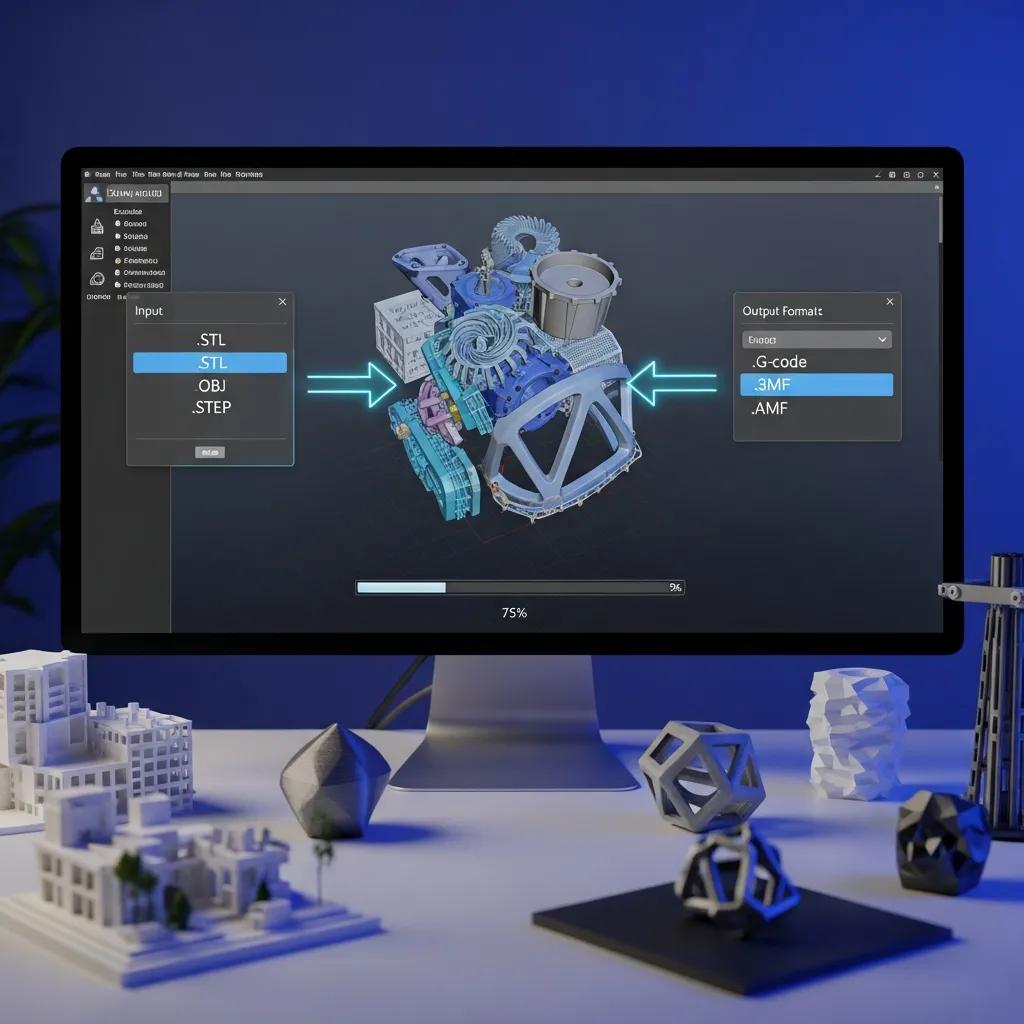 Computer screen showing 3D model conversion process with printed models