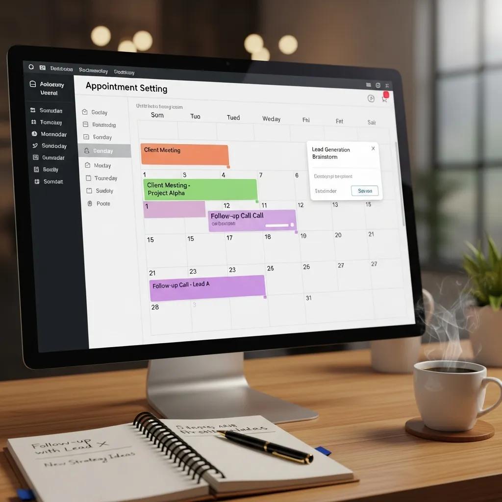Computer screen showing appointment setting software with a calendar interface in a productive workspace