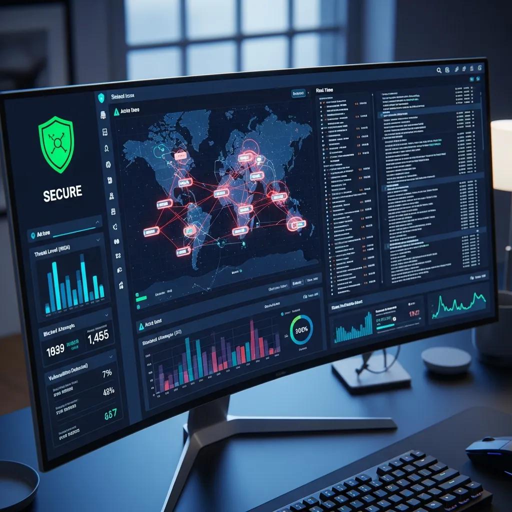 Computer screen showing cybersecurity software detecting threats in a secure office