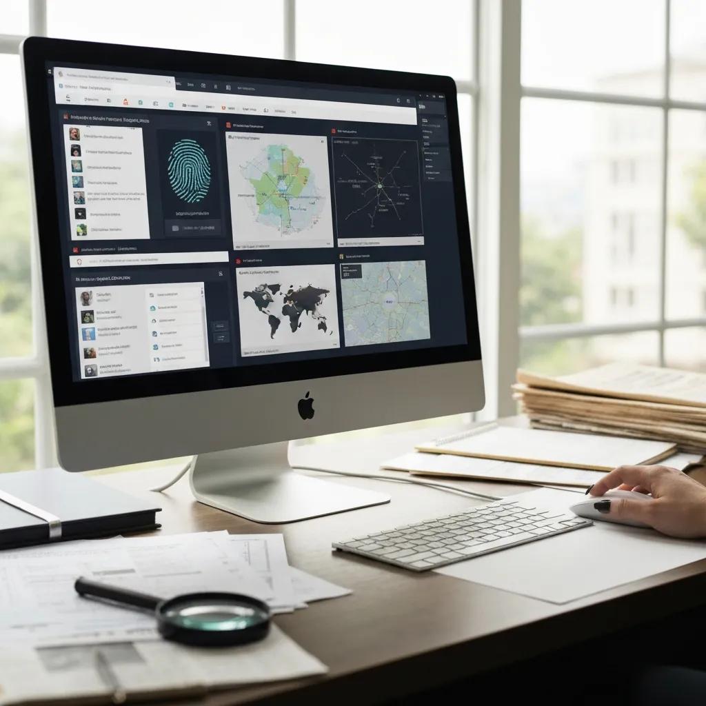 Computer screen displaying investigative tools used for people tracing, demonstrating modern techniques