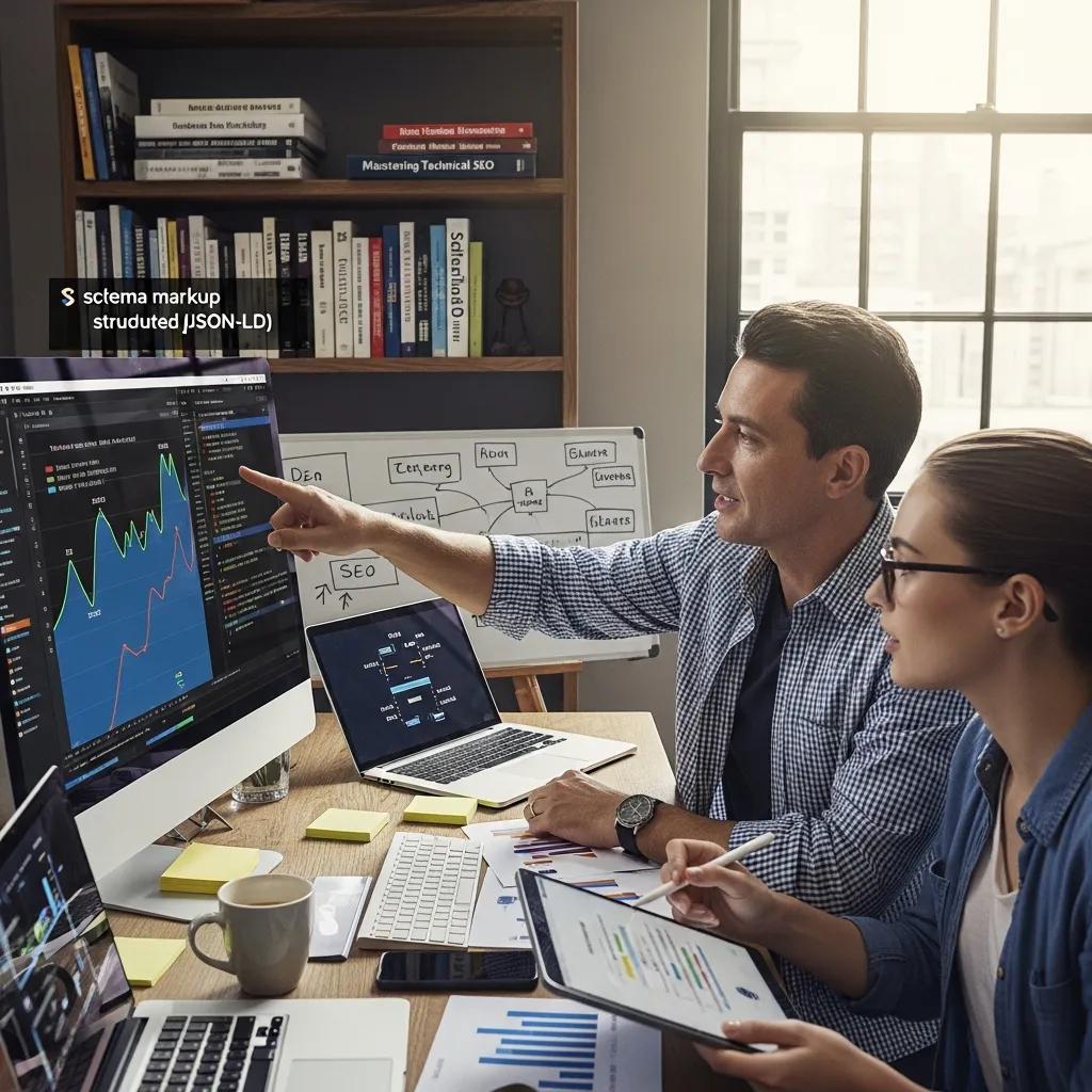 Computer screen showing structured data markup with people discussing SEO strategies