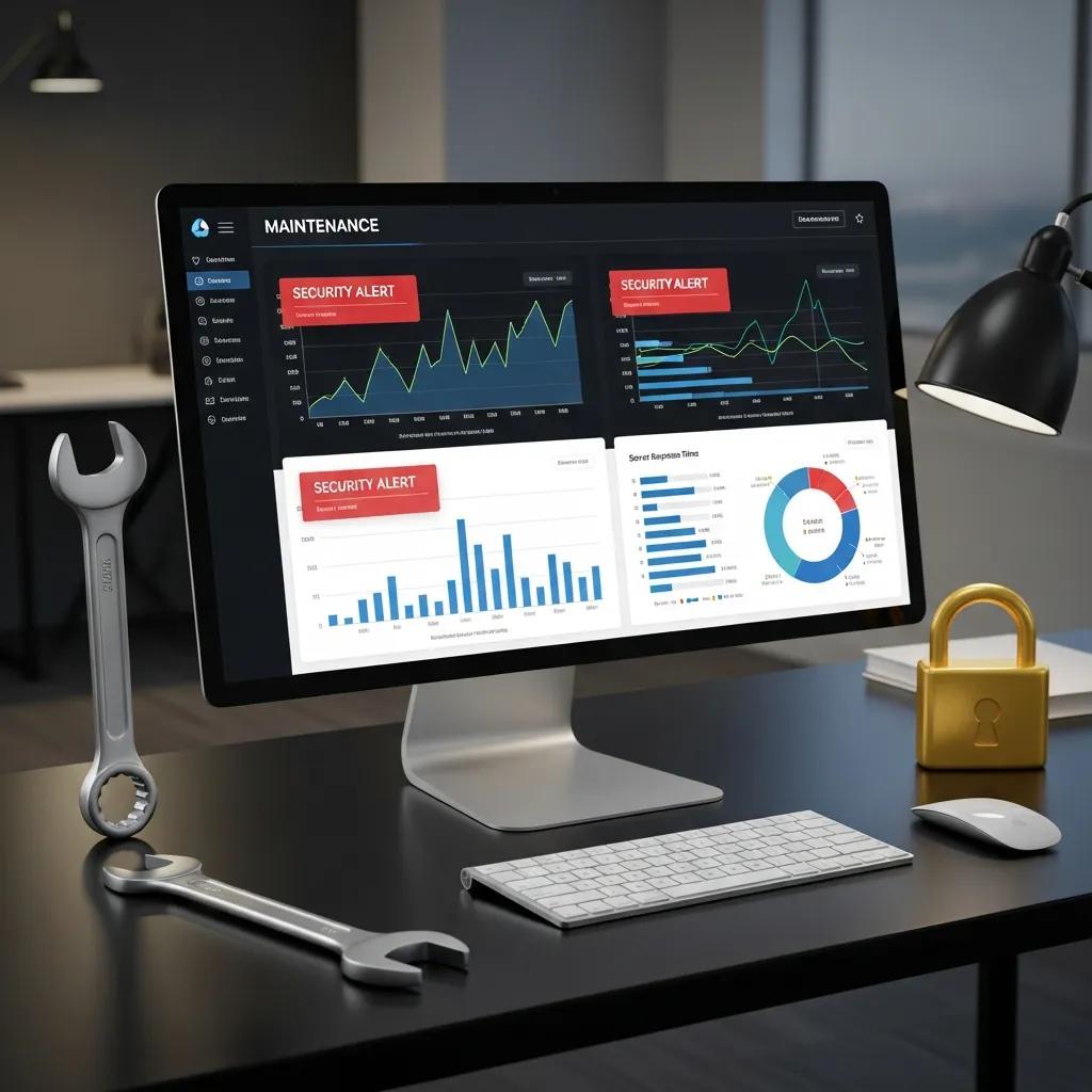 Computer screen showing website maintenance dashboard, emphasizing security and performance optimization services