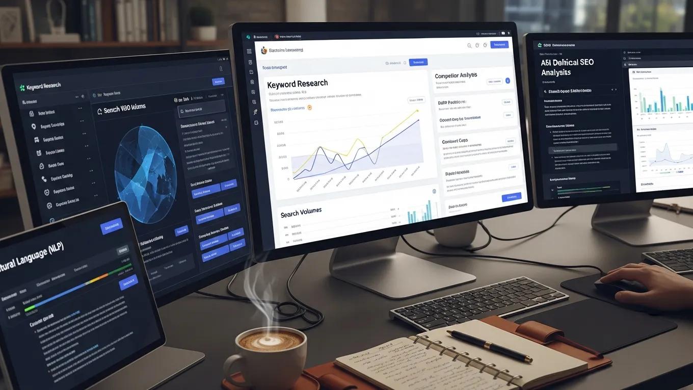 Multi-screen computer setup displaying machine learning SEO dashboards