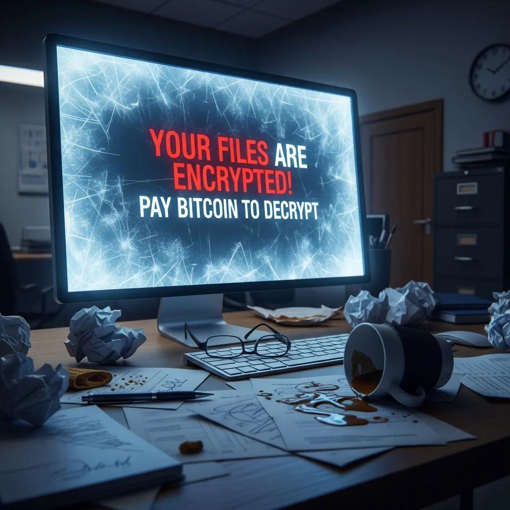 Desktop frozen with a ransomware notice surrounded by chaotic office items