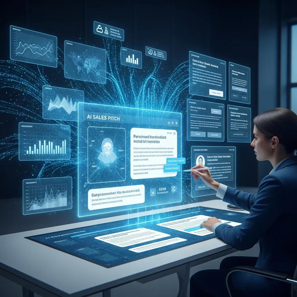 Conceptual illustration of AI sales pitch generation process and personalized outreach