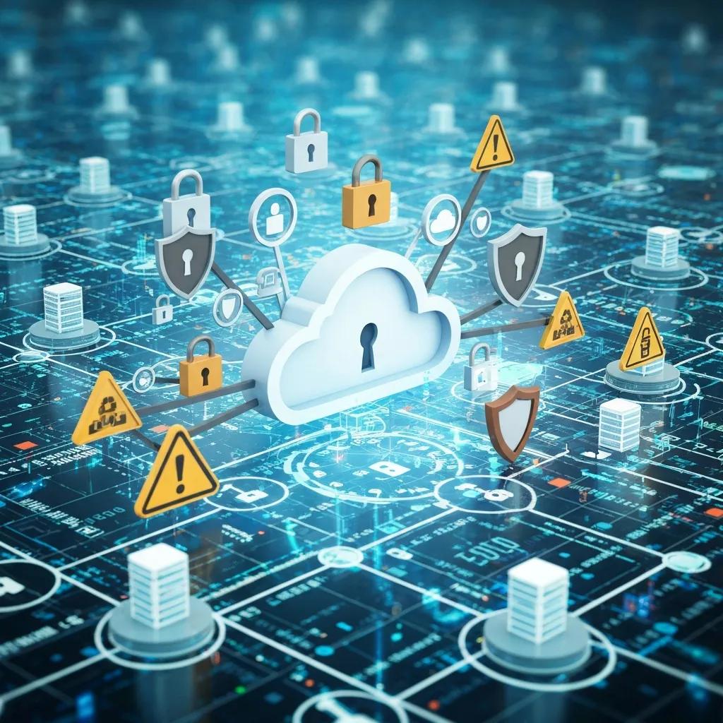 Illustration of cloud security with shields and locks