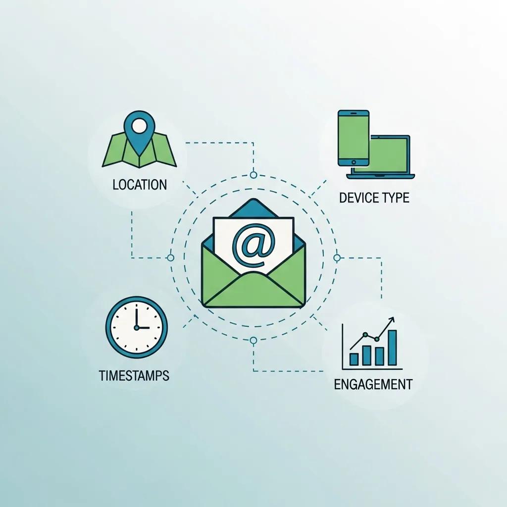Conceptual representation of data collection from email tracking pixels with icons for location, device, and timestamps