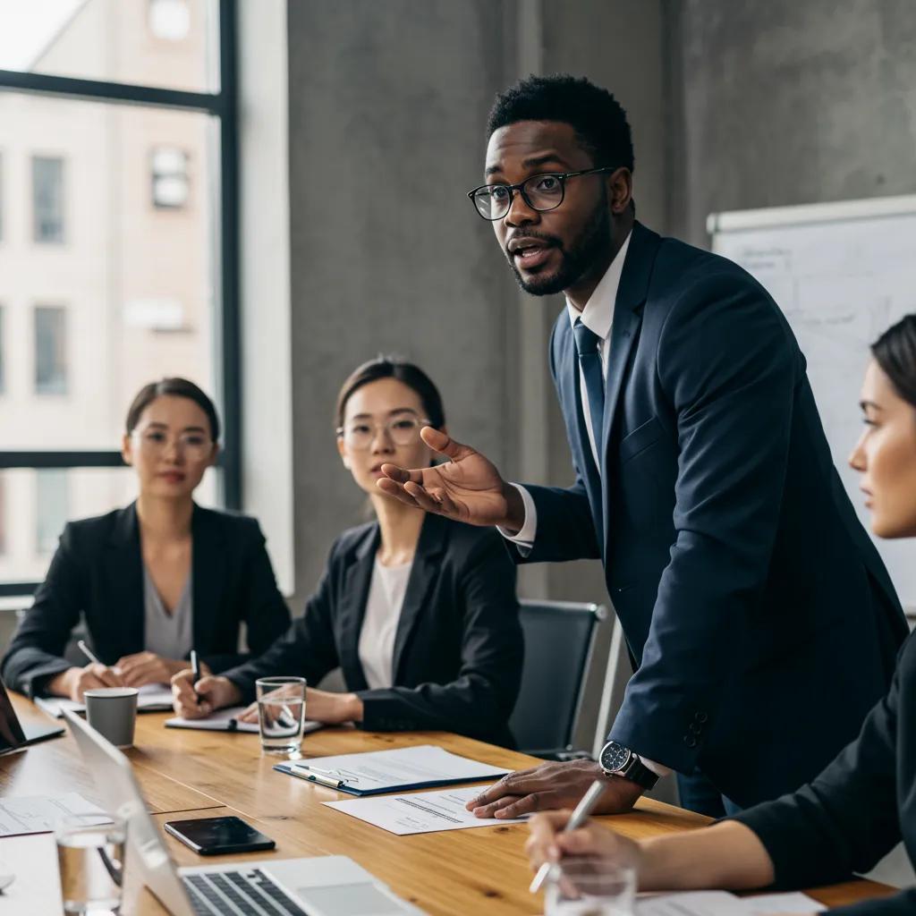 Confident individual expressing assertiveness in a professional meeting environment Confident individual expressing assertiveness in a professional meeting environment