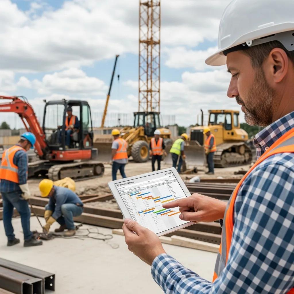 Project manager checking a schedule on a tablet at a renovation site