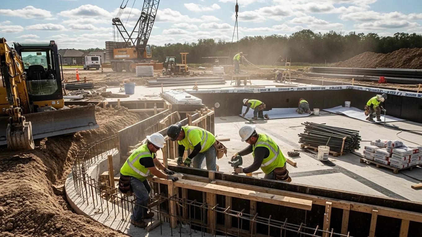 Construction site with workers building a pool