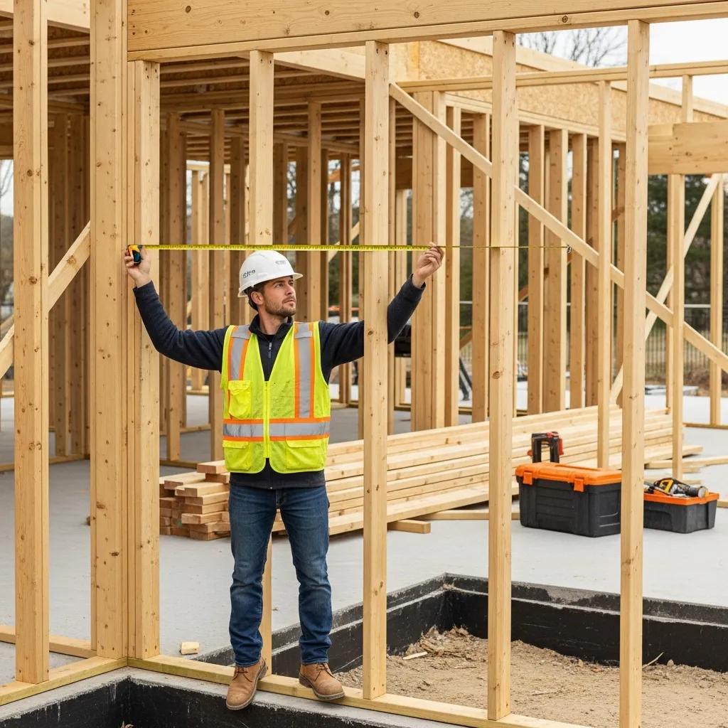 Construction worker measuring a house for insurance replacement cost