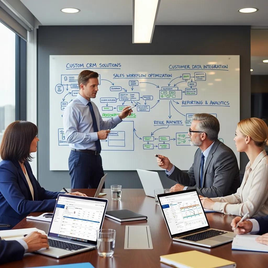Consultant presenting custom CRM solutions to industry professionals Consultant presenting custom CRM solutions to industry professionals