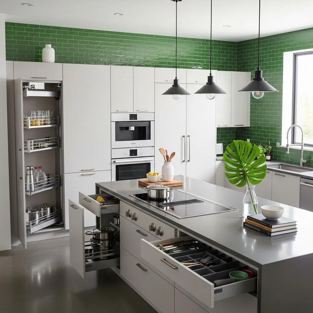 Contemporary kitchen with flat-panel cabinets, clean lines, and smart storage