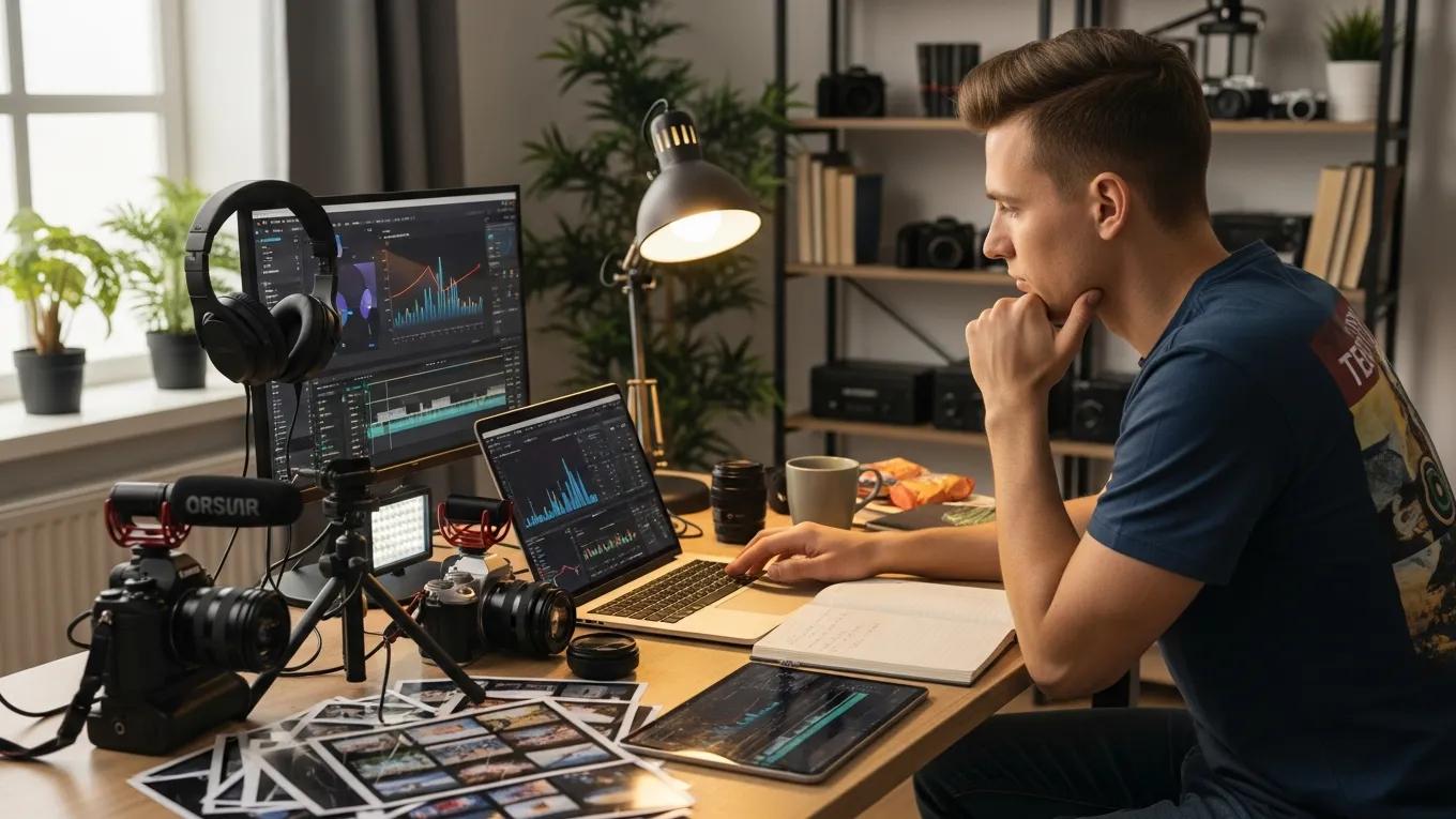 Content creator analyzing video performance metrics in a creative workspace Content creator analyzing video performance metrics in a creative workspace