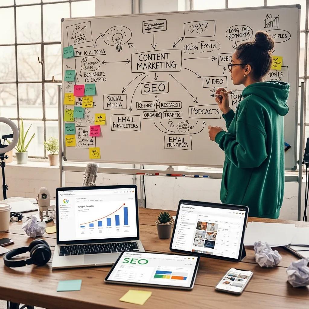 Content creator brainstorming ideas in a collaborative workspace for SEO