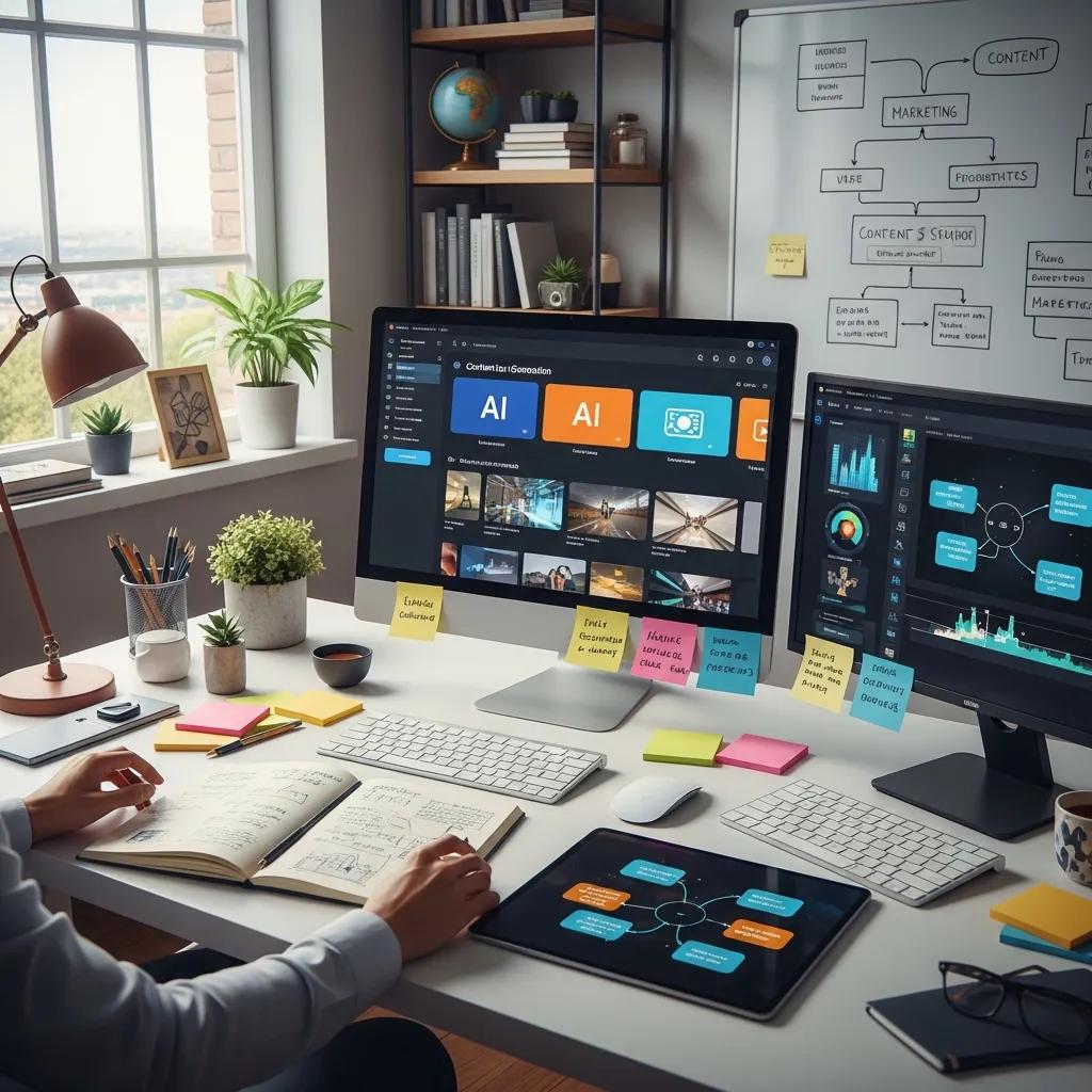 Content creator utilizing AI tools for marketing automation in a creative workspace Content creator utilizing AI tools for marketing automation in a creative workspace