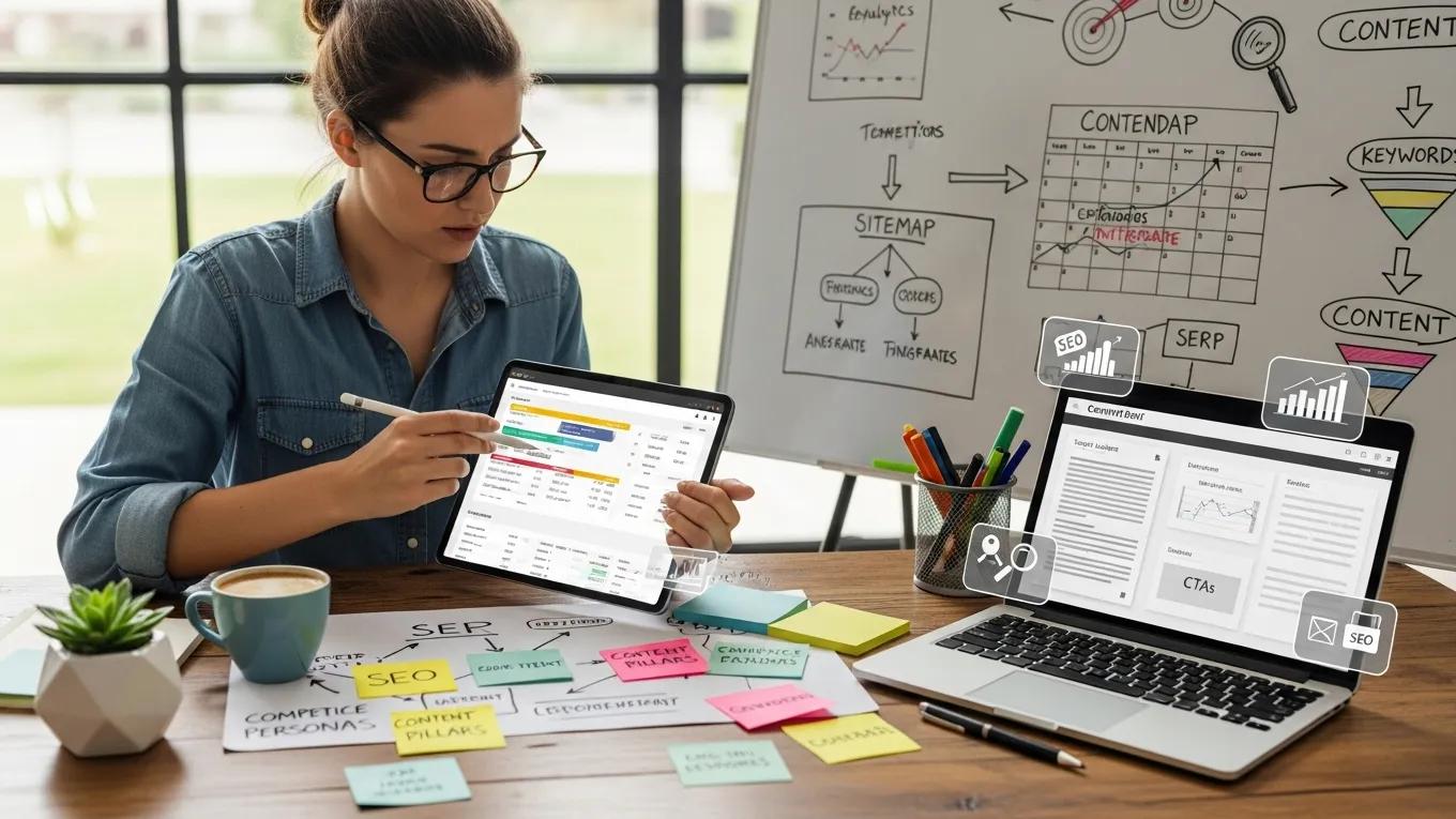 Content strategist analyzing website content for optimization
