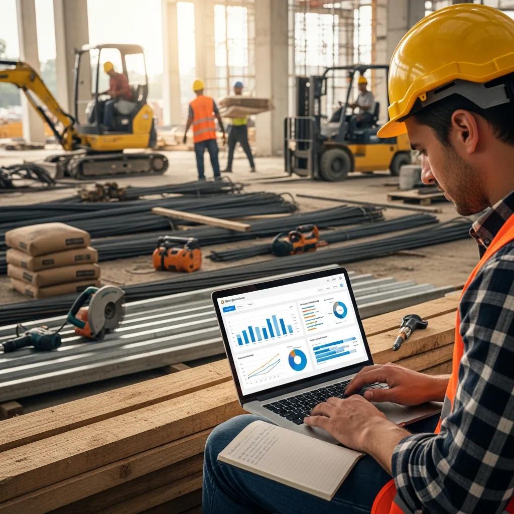 Contractor analyzing sales numbers on a laptop at a job site