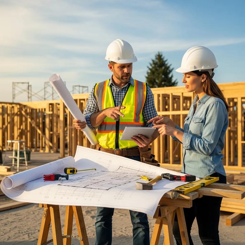 Contractor and client reviewing construction plans on-site — clear collaboration and professional service